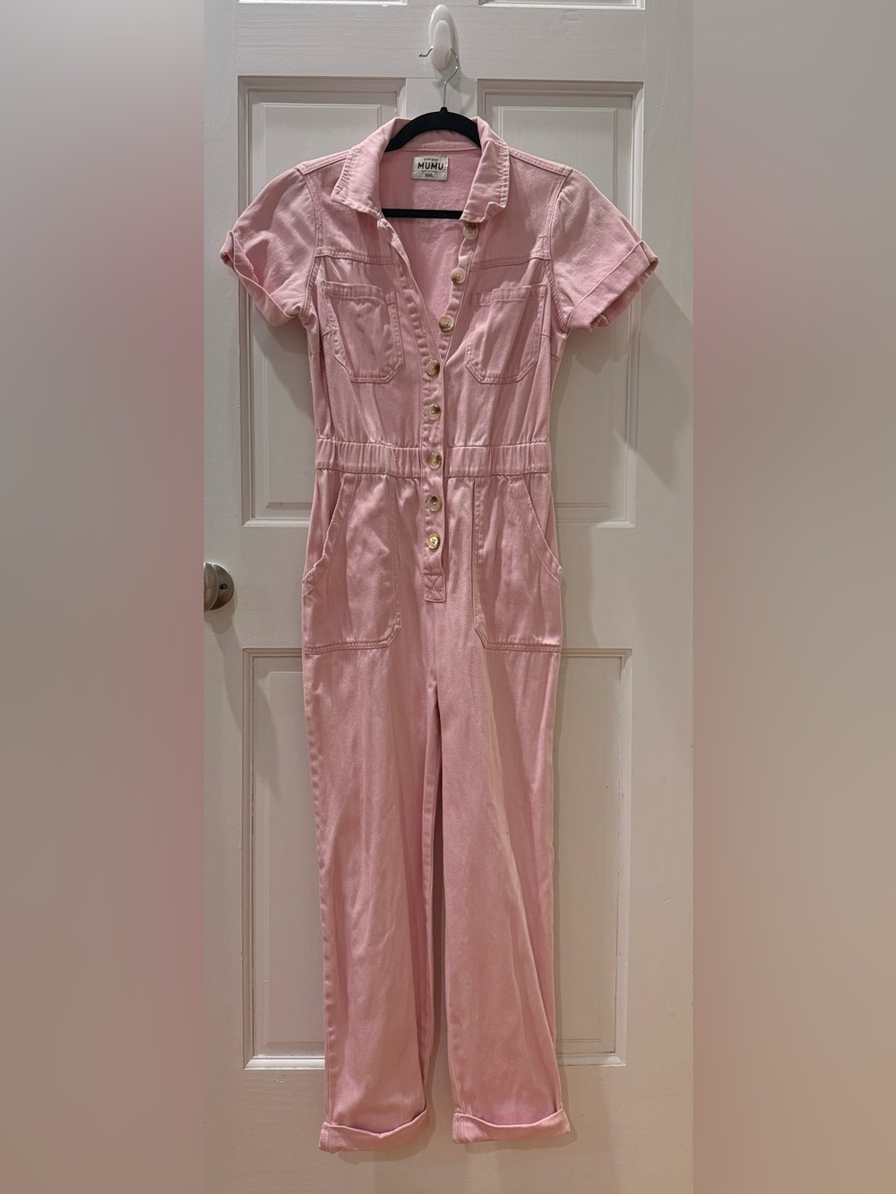 Show Me Your MuMu Pink Button-Front Short Sleeve Jumpsuit